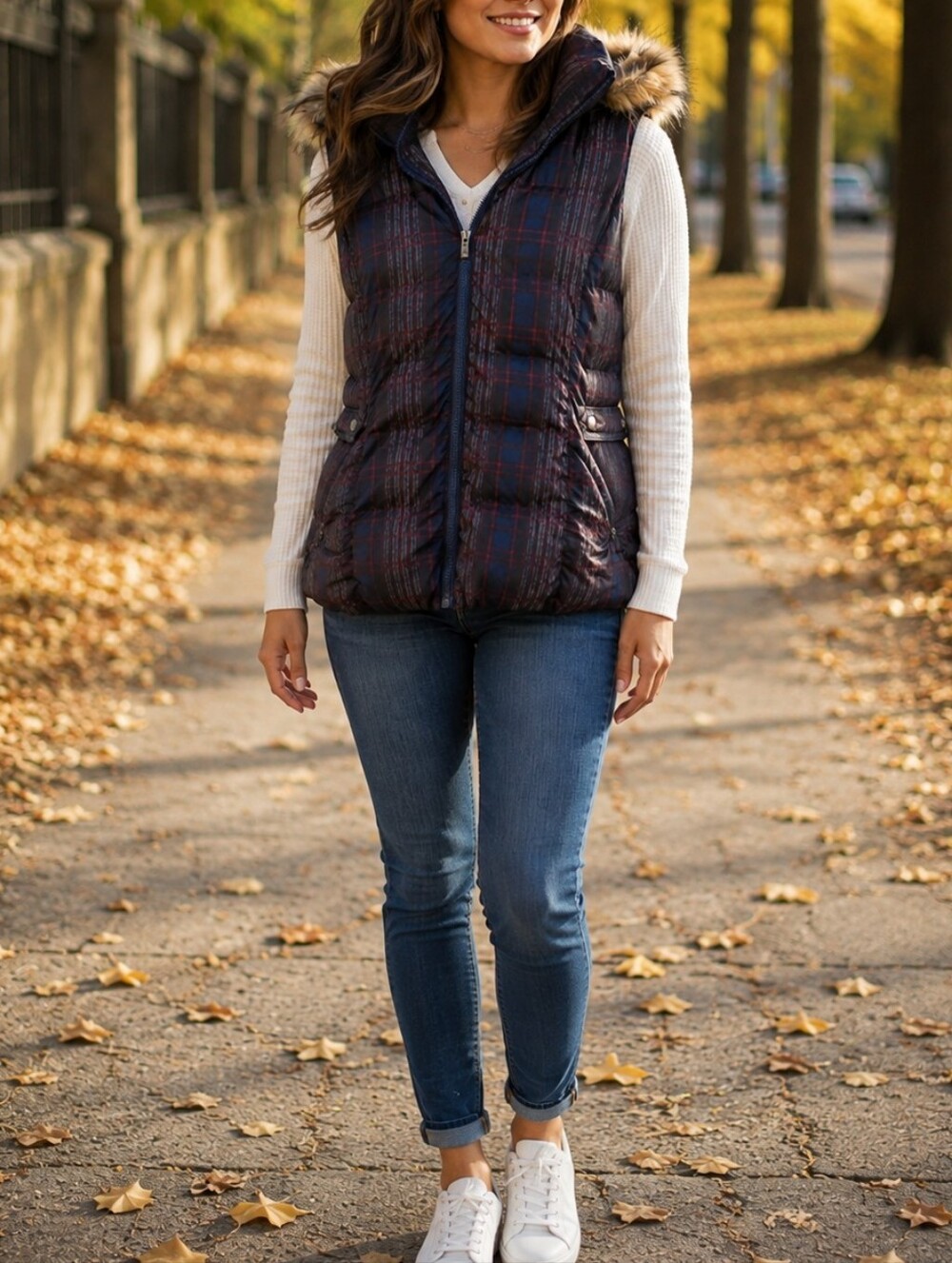 WindRiver Navy Plaid Puffer Vest Faux Fur Hood Quilted Winter Outdoor